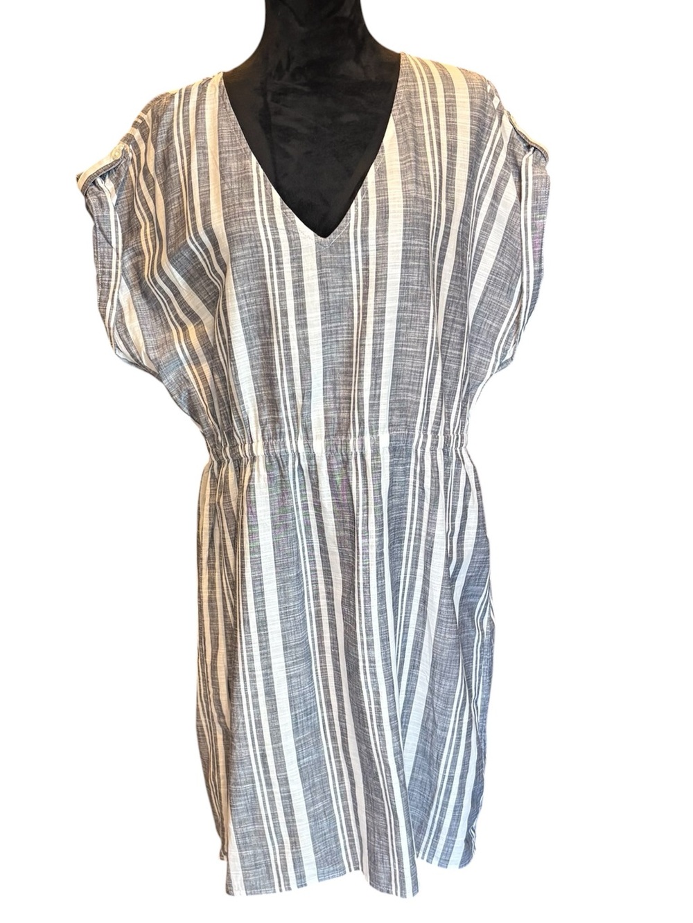 J Crew Factory Striped V-Neck PopOver Dress, XL, Casual Throw On, Day Dress